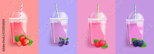 Strawberry,blackberry,blueberry, raspberry smoothie set.Juice to go with fresh berries.Summer background for banner,poster,brand,template and label,packaging,packing,emblem and advertise.Vector