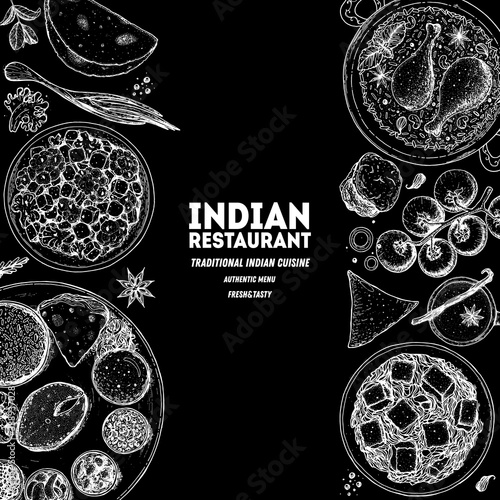 Indian food illustration. Hand drawn sketch. Vector illustration. Menu background. Engraved style.