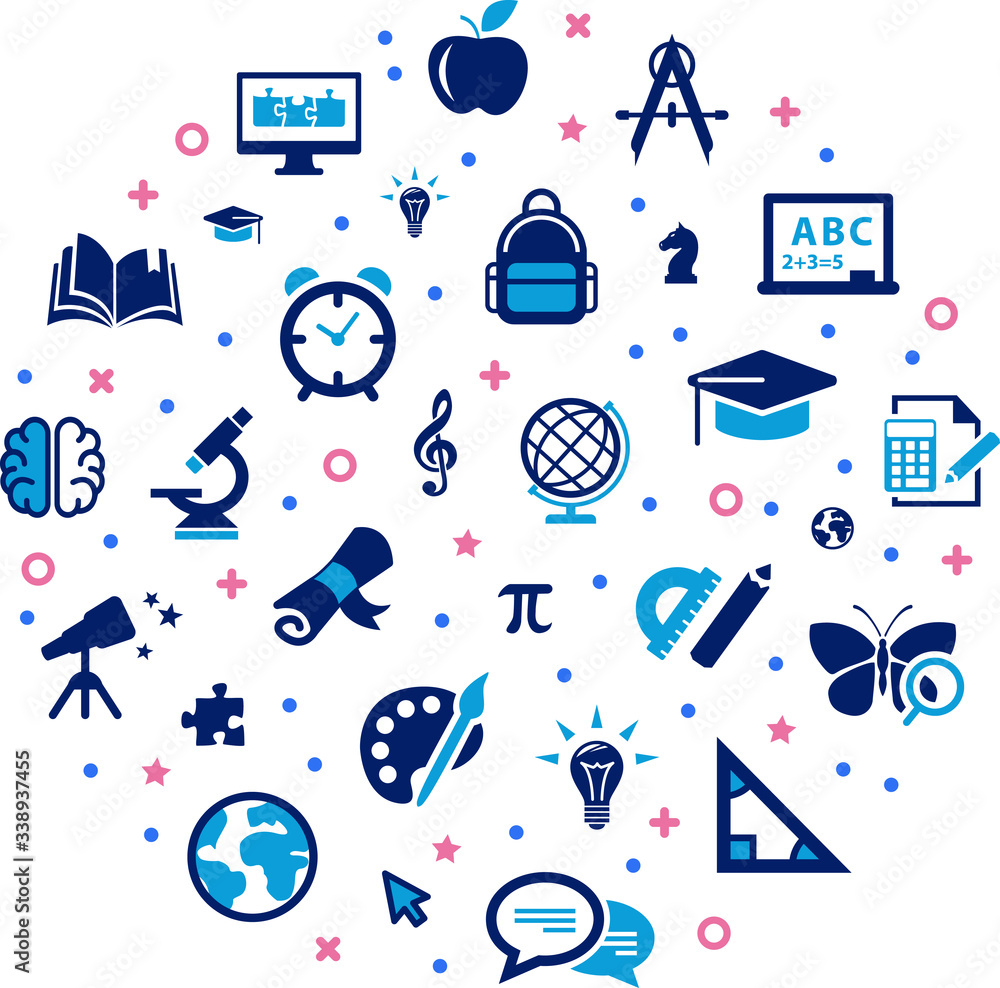 education icon concept: school / college / learning & studying interconnected symbols - vector illustration - obrazy, fototapety, plakaty 