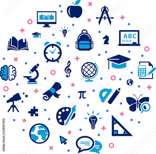education icon concept: school / college / learning & studying interconnected symbols - vector illustration