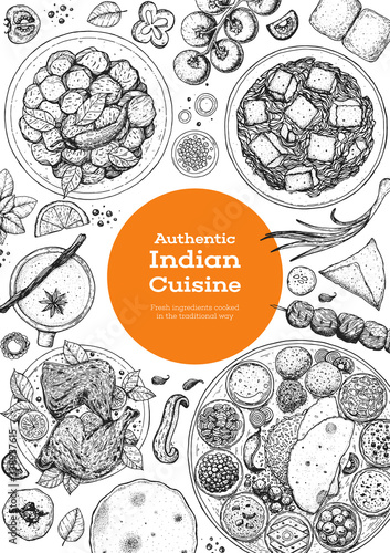 Indian food illustration. Hand drawn sketch. Indian cuisine. Doodle collection. Vector illustration. Menu background. Engraved style.