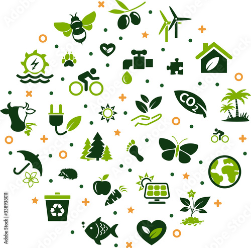Sustainability / environmental protection vector illustration. Concept with icon related to renewable energy, ecology, green business, resource saving and sustainable development.