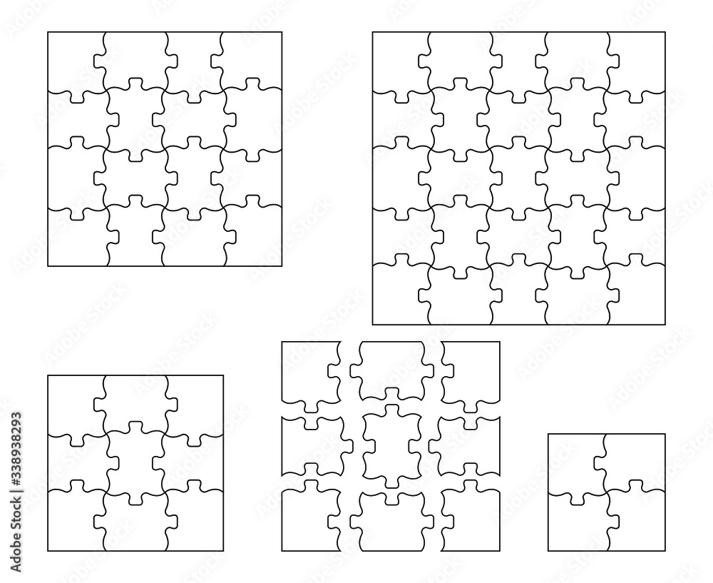 Set of four,nine,sixteen and twenty five puzzle pieces. Puzzle with different types of details and the ability to move each part. Black and white vector illustration. Set of four,nine,sixteen and twenty five puzzle pieces. Puzzle with different types of details and the ability to move each part. Black and white vector illustration.