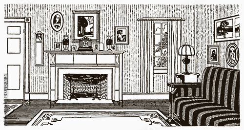 Interior view of vintage room with striped sofa, fireplace and other furnitures, after antique engraving from early 20c.