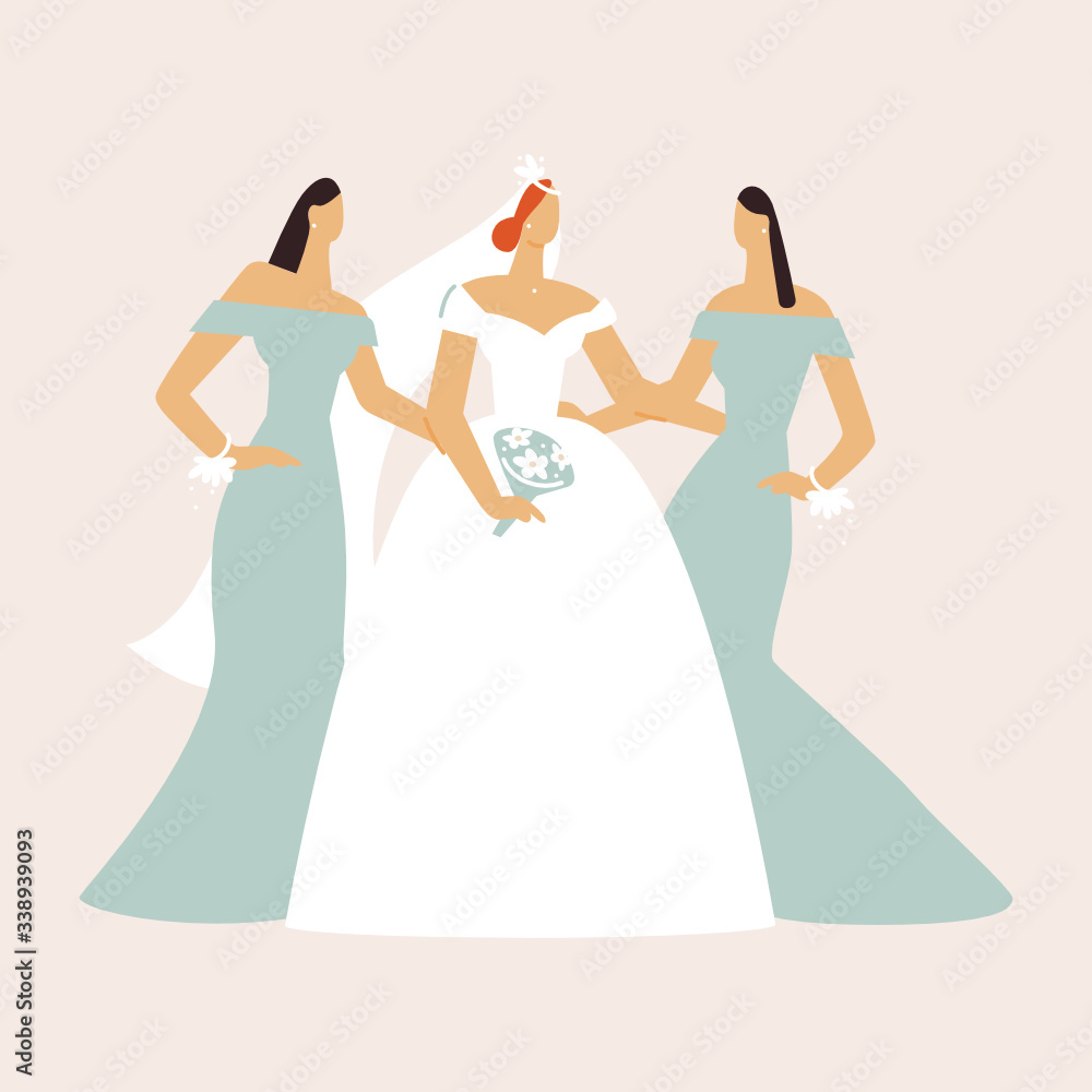 Bride in a wedding dress with a bouquet in her hands with bridesmaids. Fashion look. Flat vector illustration.