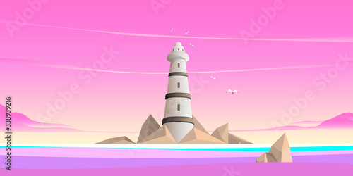 Seascape. A large space is occupied by the sky with clouds. Polygonal stones are collected in the island. The central place is the lighthouse. Landscape orientation, flat design. Panoramic view.