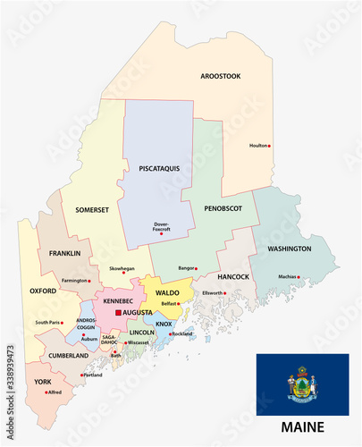 maine administrative and political vector map with flag