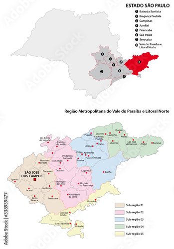 Metropolitan Region of Vale do Paraiba e Litoral Norte administrative vector map photo