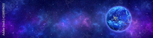 Planet Earth in space, nebula and stars web banner. Space background. Elements of this image furnished by NASA. 3D rendering.