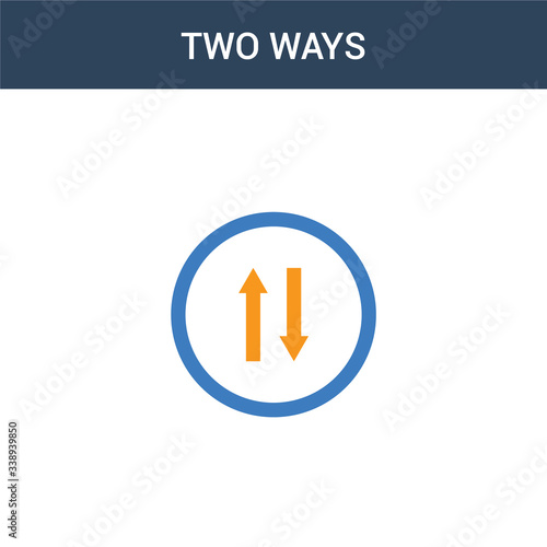 two colored Two ways concept vector icon. 2 color Two ways vector illustration. isolated blue and orange eps icon on white background.