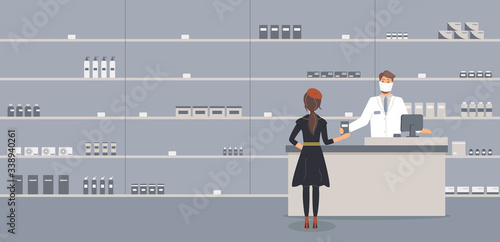 Pharmacy is open during epidemic of virus. Pharmacist in protective medical mask in counter and customer selects medicine on half-empty shelves at drugstore.Vector colourful illustration