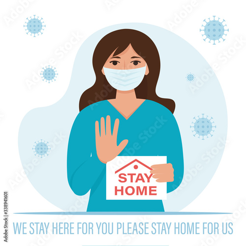 A doctor or nurse holds a poster, asking people to avoid spreading Covid-19 coronavirus while staying at home. Female doctor wearing a medical mask. Flat vector illustration