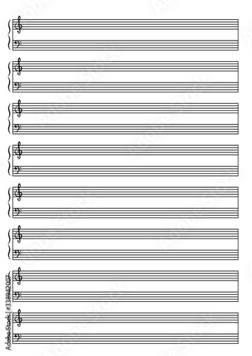 Sheet music for piano. Music note stave with treble and bass clef a4 sheet. Real size for print. Vertical music books. Five-line staff with treble clef. Vector Illustration on isolated white.