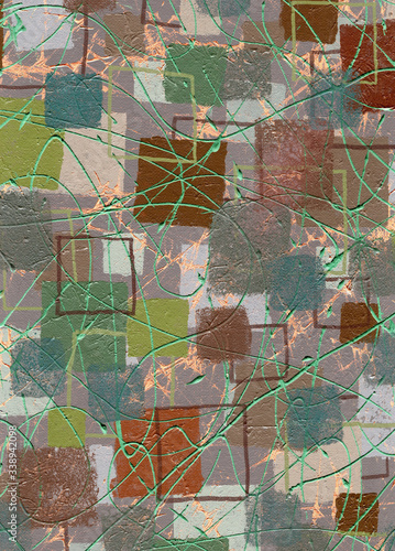 Abstract acrylic background with squares with texture of canvas, grey, green and brown colors, hand draw. Design for backgrounds, wallpapers, prints, covers and packaging