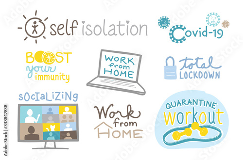 Covid-19 coronavirus illustrations set social distancing work from home