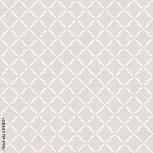 Subtle vector ornament pattern. Minimalist seamless pattern with rhombuses, star shapes, delicate grid, mesh, lattice. Abstract geometric background texture in white and beige colors. Repeat design