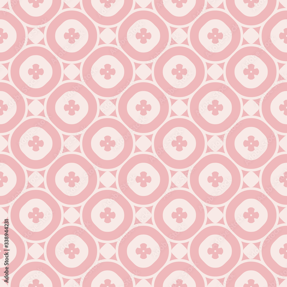 Pink vector floral seamless pattern. Elegant geometric ornament, abstract background texture with flower shapes, circles, grid. Cute fashionable design for babies, girls, prints, decoration, clothing