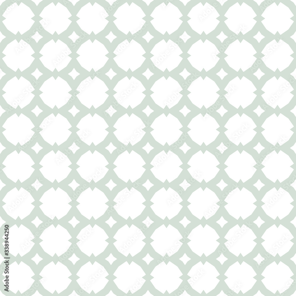Fototapeta premium Vector ornamental seamless pattern with carved grid, lattice, mesh, net, repeat geometric tiles. Elegant white and green ornament in Arabian style. Simple abstract background. Subtle texture design