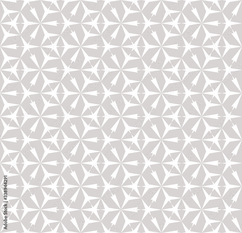 Vector abstract floral geometric background. Subtle grid seamless pattern. Elegant white and light gray ornament texture with flower silhouettes, lattice, mesh, triangular shapes. Repeatable design