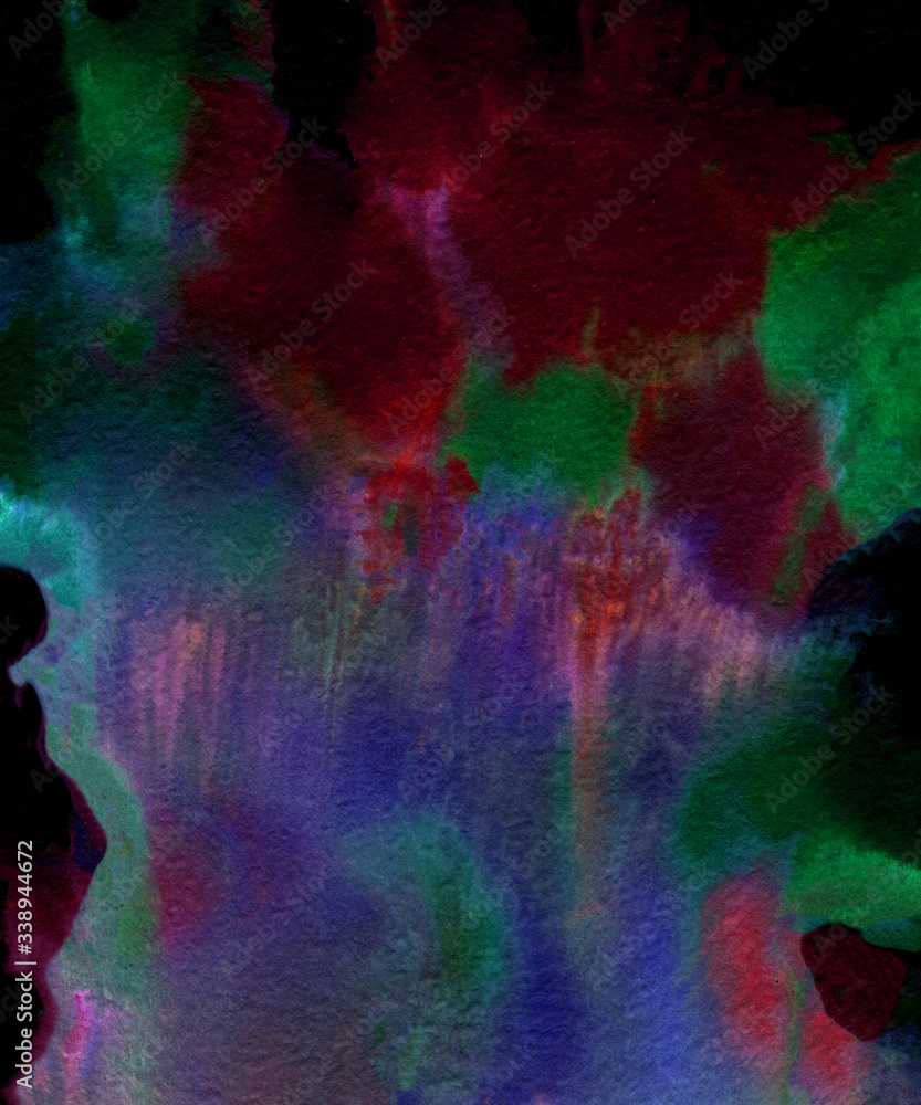 Abstract watercolor splashes on black background. Blue, green, and red deep colors, hand draw. Design for backgrounds, wallpapers, prints, covers and packaging