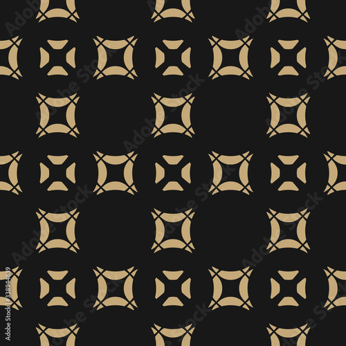 Black and gold vector seamless pattern. Abstract golden geometric texture with small squares, floral shapes, crosses, grid. Luxury minimalist background. Elegant dark design for decor, wallpapers