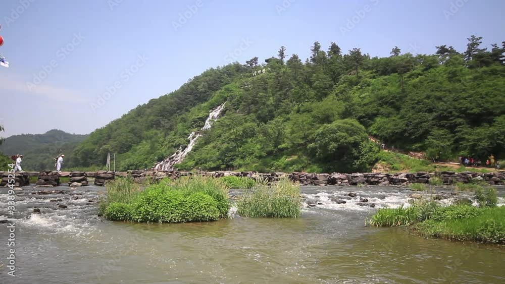 Korean traditional Funeral song while crossing the Nongdari Bridge festival  in Jincheon-gun, Korea