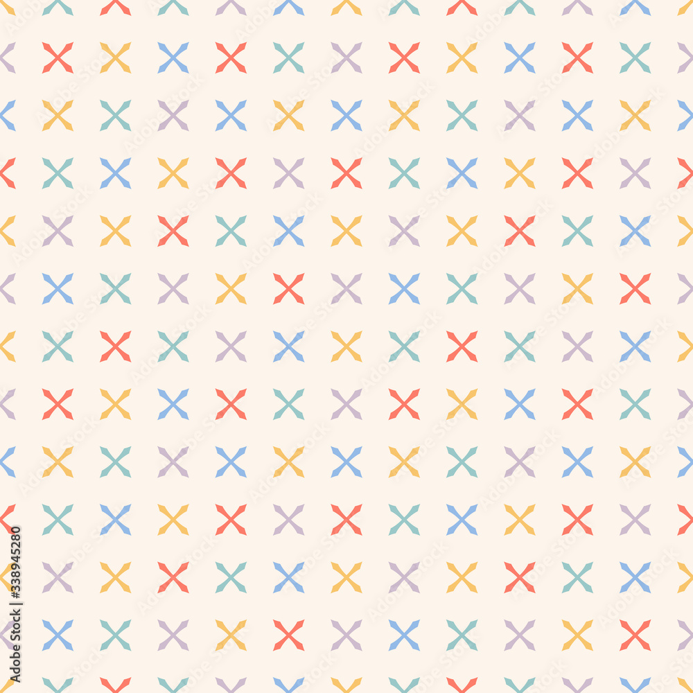 Cute funky seamless pattern. Vector minimalist geometric texture with small colorful crosses on white background. Simple abstract ornament for kids, boys and girls. Design for decor, print, wallpapers Cute funky seamless pattern. Vector minimalist geometric texture with small colorful crosses on white background. Simple abstract ornament for kids, boys and girls. Design for decor, print, wallpapers