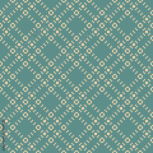 Square grid seamless pattern. Vector abstract geometric texture with small squares, cross lines, net, lattice, grill. Retro vintage style background. Tan and teal colors. Decorative repeated design