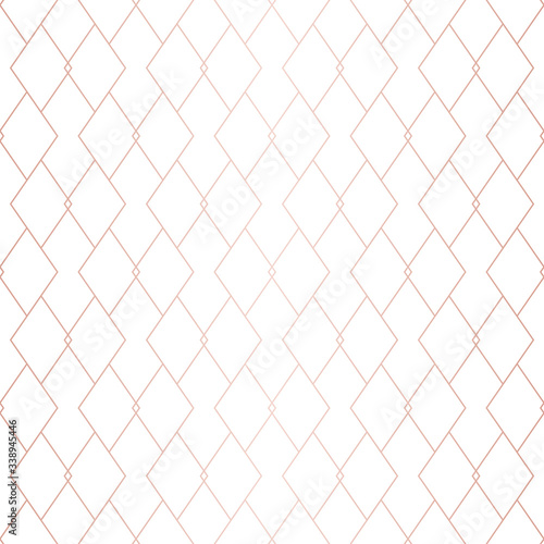 Rose gold lines pattern. Vector geometric seamless texture. Pink and white ornament with delicate grid, lattice, net, rhombuses, thin lines. Abstract graphic background. Premium repeatable design