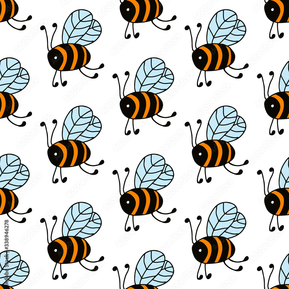 Flying bees in cartoon style isolated on white background. Vector seamless pattern. Design for gift wrap, cover, fabric, cards, wallpapers, backdrops, panels. Flying bees in cartoon style isolated on white background. Vector seamless pattern. Design for gift wrap, cover, fabric, cards, wallpapers, backdrops, panels.