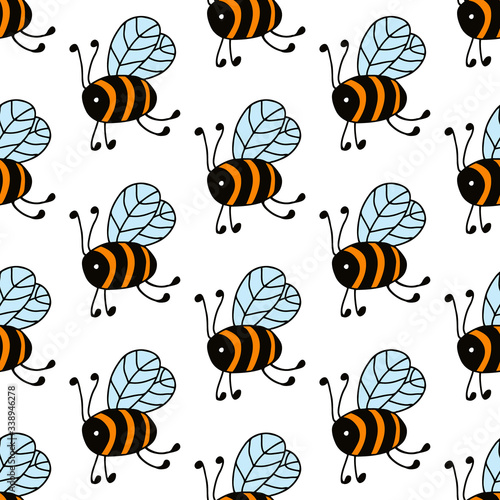 Flying bees in cartoon style isolated on white background. Vector seamless pattern. Design for gift wrap, cover, fabric, cards, wallpapers, backdrops, panels. 