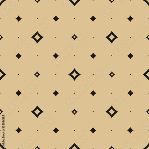 Golden vector seamless pattern with small diamond shapes, stars, rhombuses, dots. Abstract gold and black geometric texture. Simple minimalist repeat background. Elegant design for decor, wallpapers