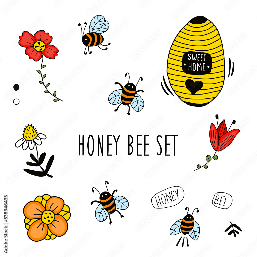 Fototapeta premium Beehive, apiary with various flowers, bees and text 