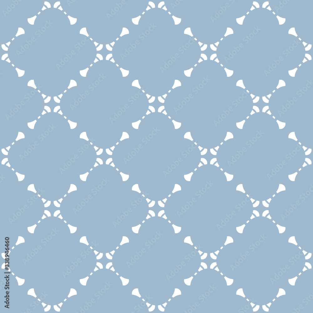 Fototapeta premium Vector geometric floral seamless pattern with delicate grid, net, mesh, lattice, flower shapes. Subtle abstract light blue and white background. Elegant ornament texture. Minimal repeatable design