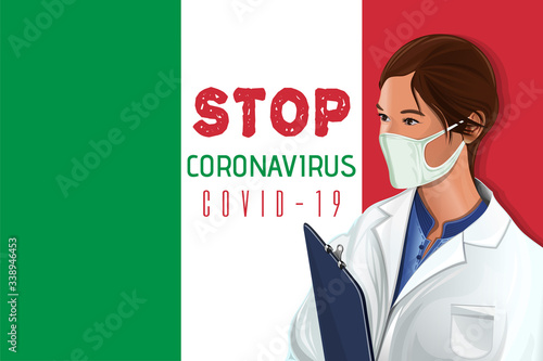 Nurse in protective medical mask on the background of the Italian flag. Stop coronavirus COVID-19. Vector illustration