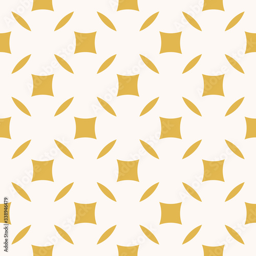 Golden abstract floral seamless pattern. Vector gold and white background. Simple geometric leaf ornament. Luxury graphic texture with curved shapes, squares, grid. Elegant minimalist repeat design