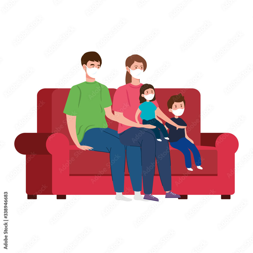 Fototapeta premium campaign stay at home with family using face mask in living room vector illustration design