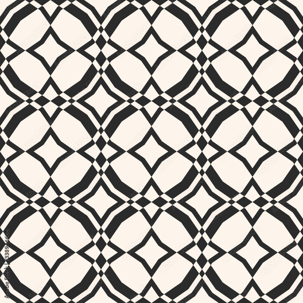 Naklejka premium Diamond grid pattern. Vector abstract black and white seamless texture. Elegant geometric ornament with rhombuses, mesh, net, lattice, fence, repeat tiles. Simple monochrome background. Modern design