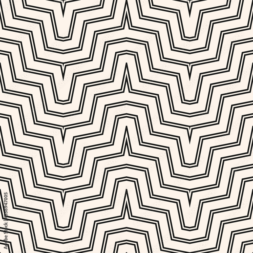 Monochrome geometric lines seamless pattern. Simple vector texture with diagonal stripes, broken lines, chevron, zigzag. Abstract black and white graphic background. Modern ornament. Repeat design