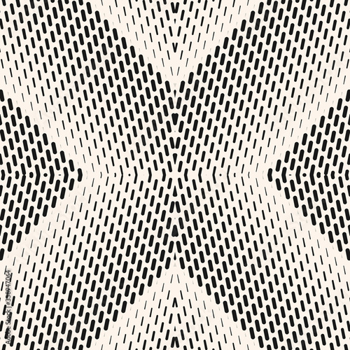 Vector geometric halftone seamless pattern with small lines, fading stripes in cross shape. Gradient transition effect. Sport style background. Abstract black and white texture. Monochrome design
