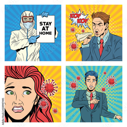 people with covid19 pandemic characters pop art style