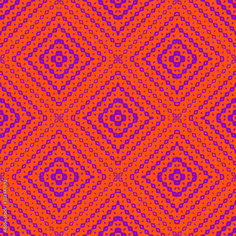Vector halftone geometric seamless pattern with diamond shapes, fading rhombuses. Modern abstract background with gradient transition effect. Texture in trendy bright colors, neon orange and purple