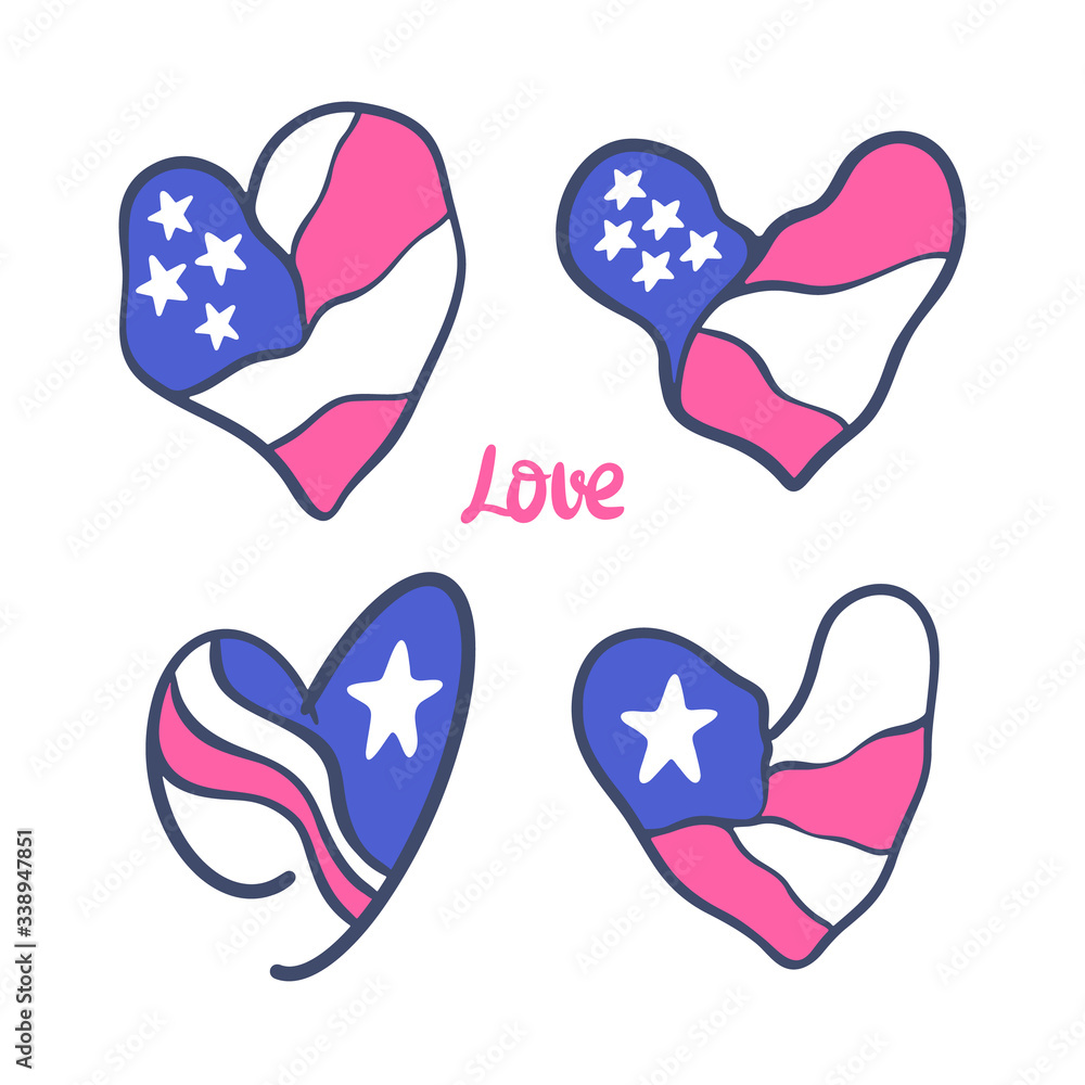 A collection of bright USA hearts. Vector flag of America. Illustration for the design of Independence Day, national holidays. A collection of bright USA hearts. Vector flag of America. Illustration for the design of Independence Day, national holidays.