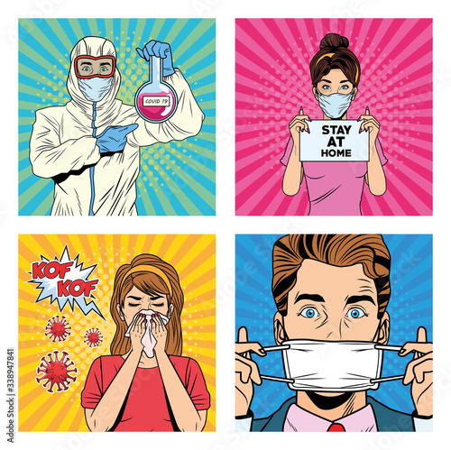 people with covid19 pandemic characters pop art style