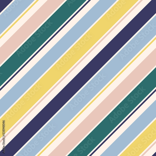 Diagonal stripes pattern. Simple vector seamless texture with thin inclined lines. Modern abstract geometric striped background. Ornament in pastel colors, blue, navy, yellow, pink, dark green, beige