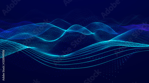 Futuristic wave on dark background. Colored pattern of connection lines. Technology or science. Pattern for background, wallpaper, presentation, design. 3D