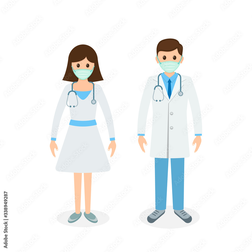 Doctor set in mask ready surgeon uniform gloves stethoscope icon, Vector isolated colorful flat illustration
