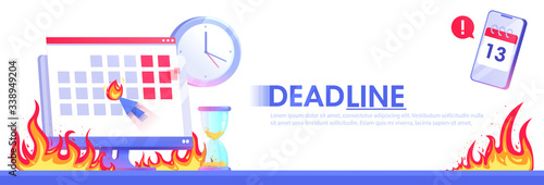 Dates and Deadlines banner. Computer with calendar in fire, clock and hourglass. Vector flat illustration
