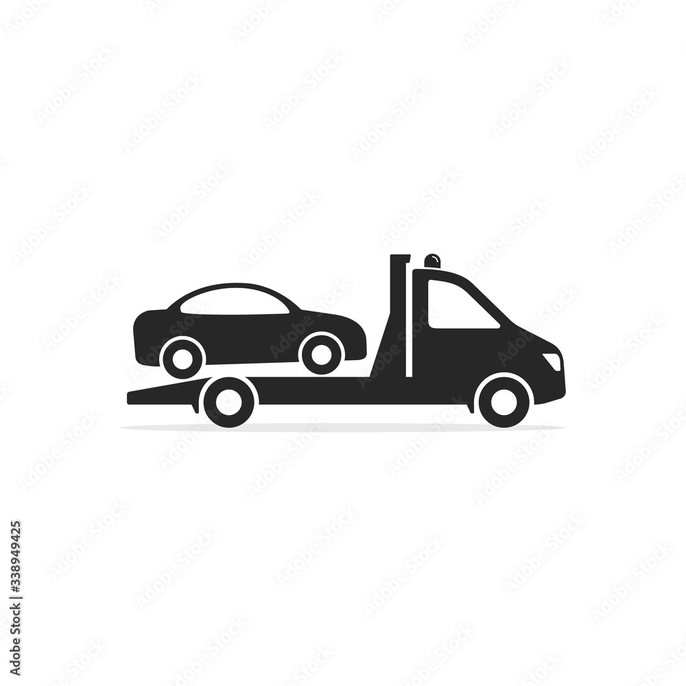 Tow truck icon, Towing truck van with car sign. Vector isolated flat illustration