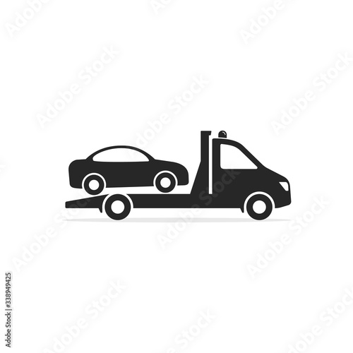 Tow truck icon, Towing truck van with car sign. Vector isolated flat illustration